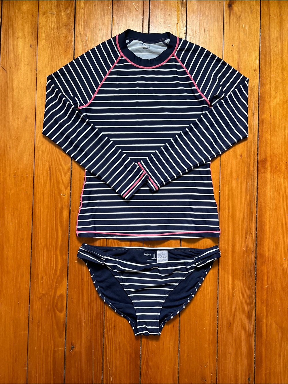 gap swimsuit set long sleeve rash guard and bikini bottom navy stripe medium